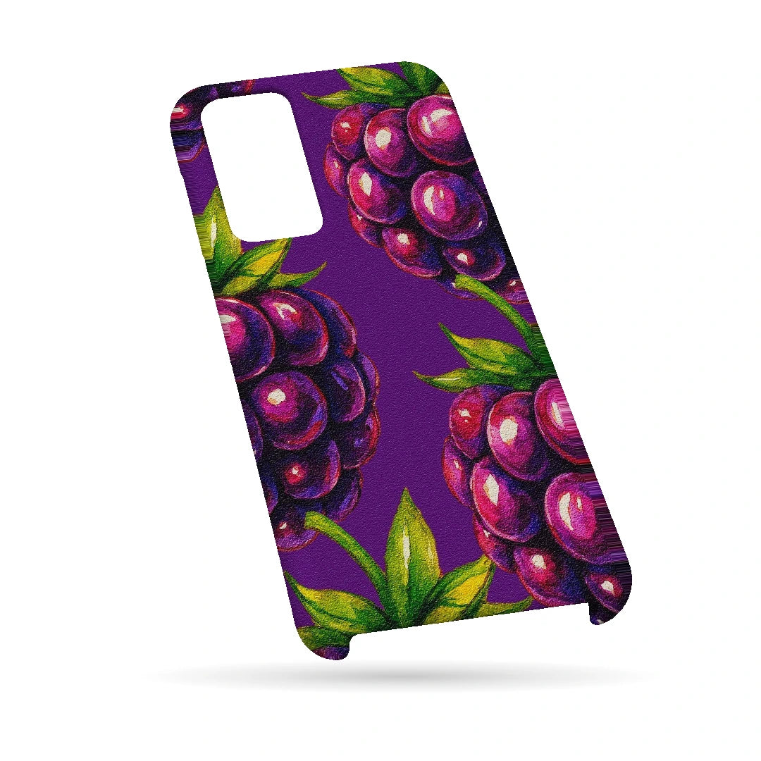 Purple Berry Pop 3D Print Samsung A13 5G Phone Case, bottom view; clusters of purple berries and green leaves on a violet background