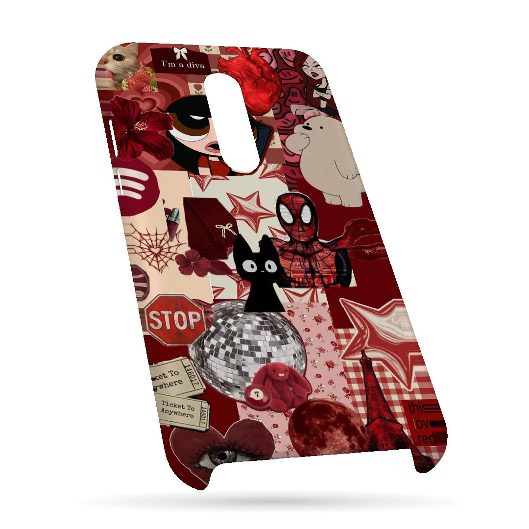 Red Comic Moodboard 3D Print OnePlus 7 Phone Case, bottom view; red and cream comic graphics, character illustrations and collage details