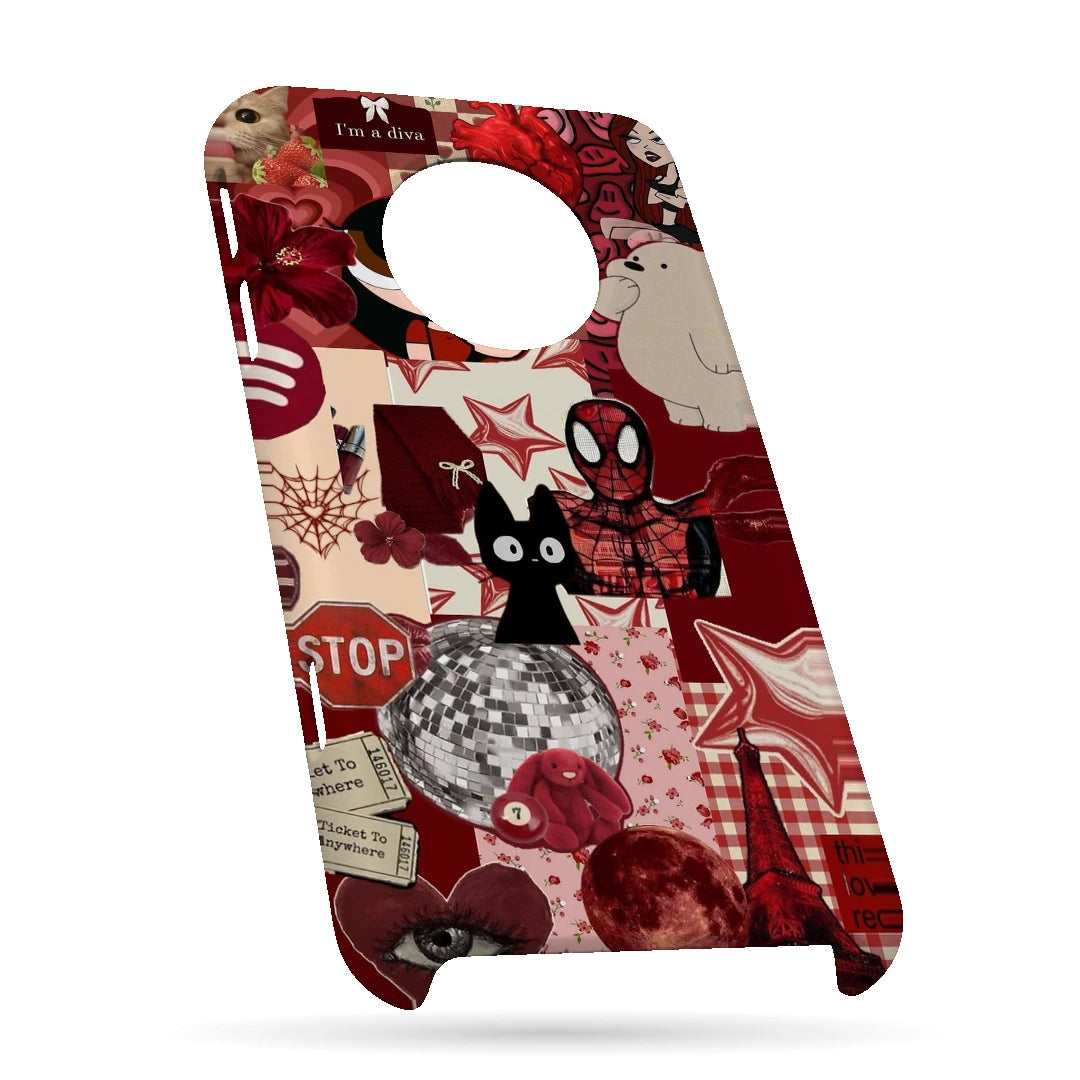 Red Comic Moodboard 3D Print OnePlus 7T Phone Case, bottom view; red and cream comic graphics, character illustrations and collage details