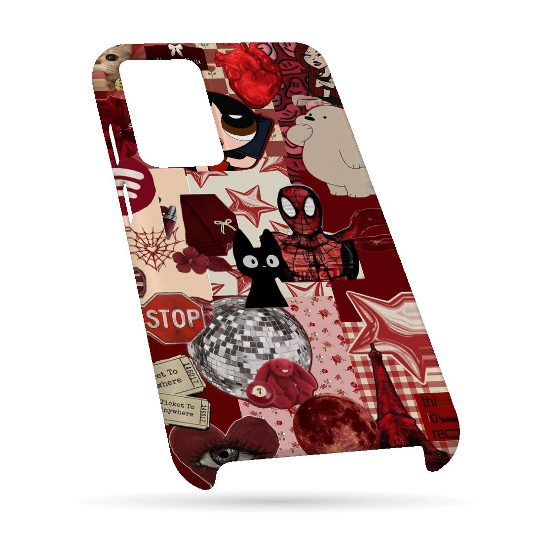 Red Comic Moodboard 3D Print OnePlus 9R Phone Case, bottom view; red and cream comic graphics, character illustrations and collage details