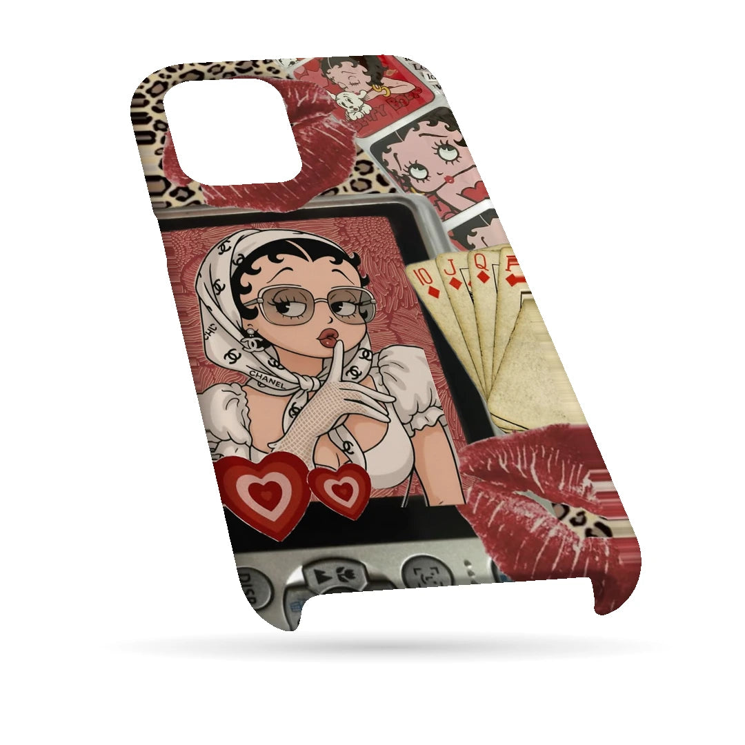 Retro Cartoon Girl 3D Print iPhone 13 Phone Case, bottom view; a retro cartoon girl with red lips, hearts and vintage collage details