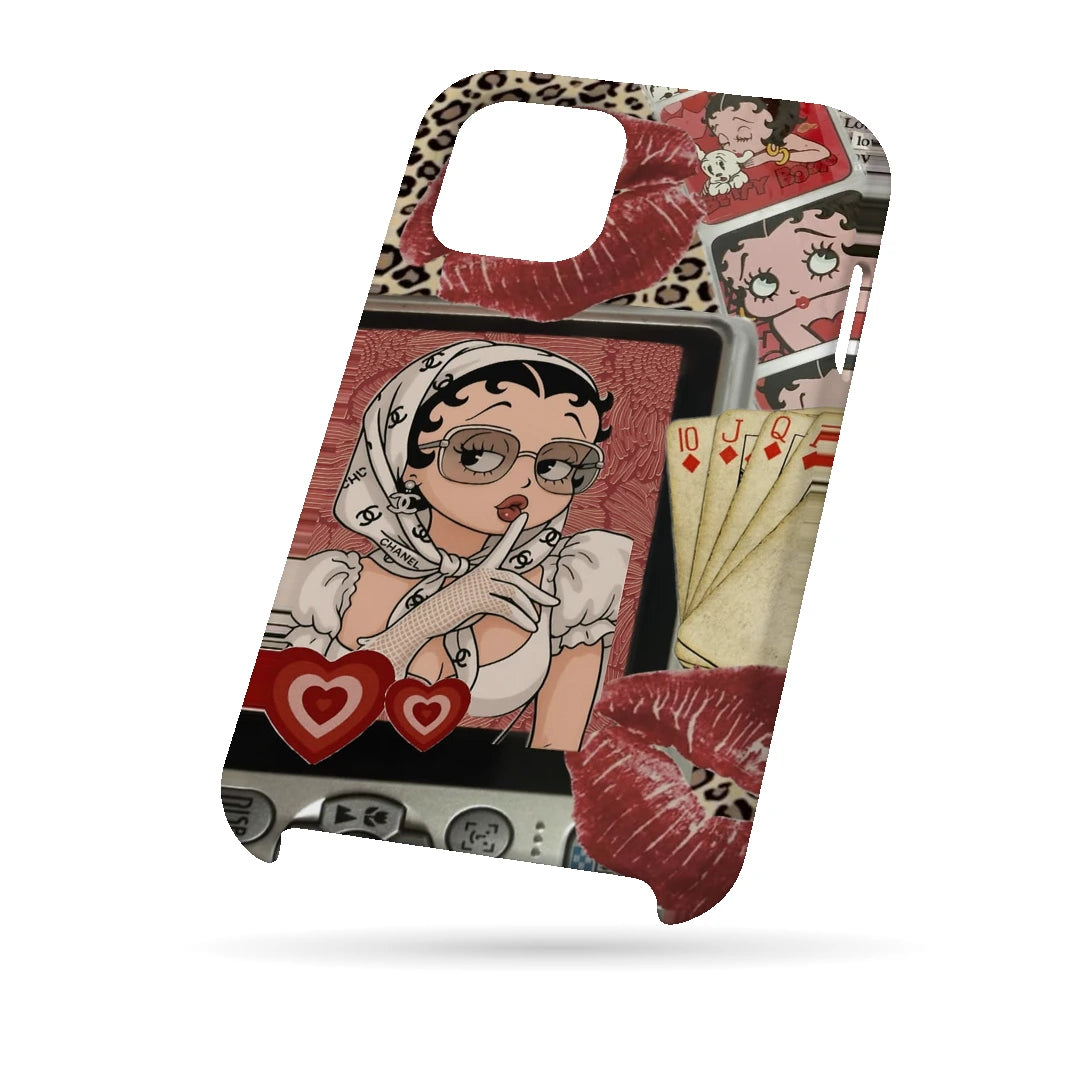 Retro Cartoon Girl 3D Print iPhone 15 Phone Case, bottom view; a retro cartoon girl with red lips, hearts and vintage collage details