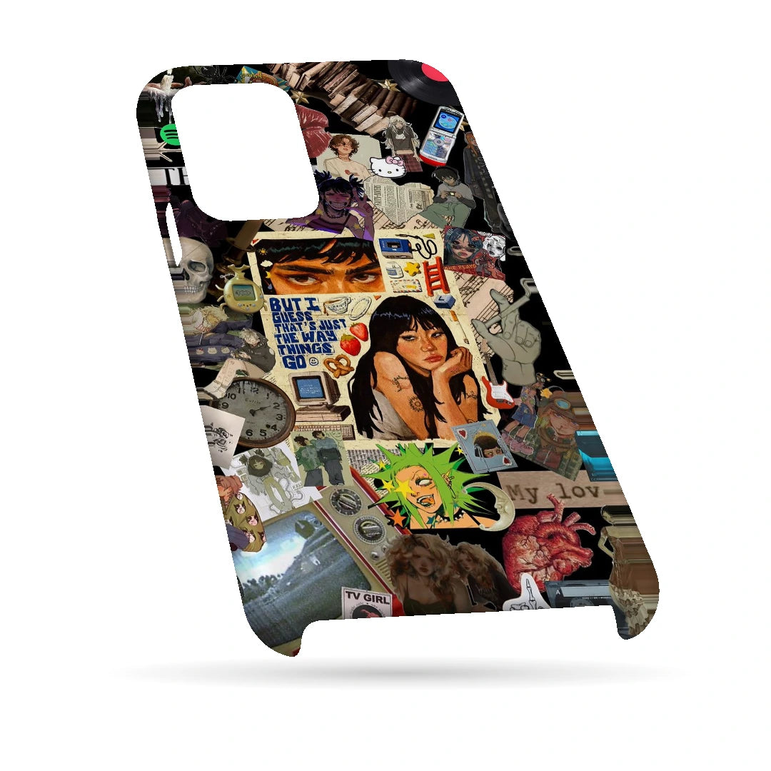 Retro Desi Girl Collage 3D Print iPhone 13 Pro Max Phone Case, bottom view; a layered collage of illustrated women, stickers and retro paper textures