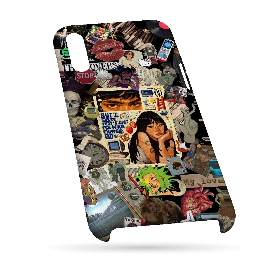 Retro Desi Girl Collage 3D Print iPhone XS Max Phone Case, bottom view; a layered collage of illustrated women, stickers and retro paper textures