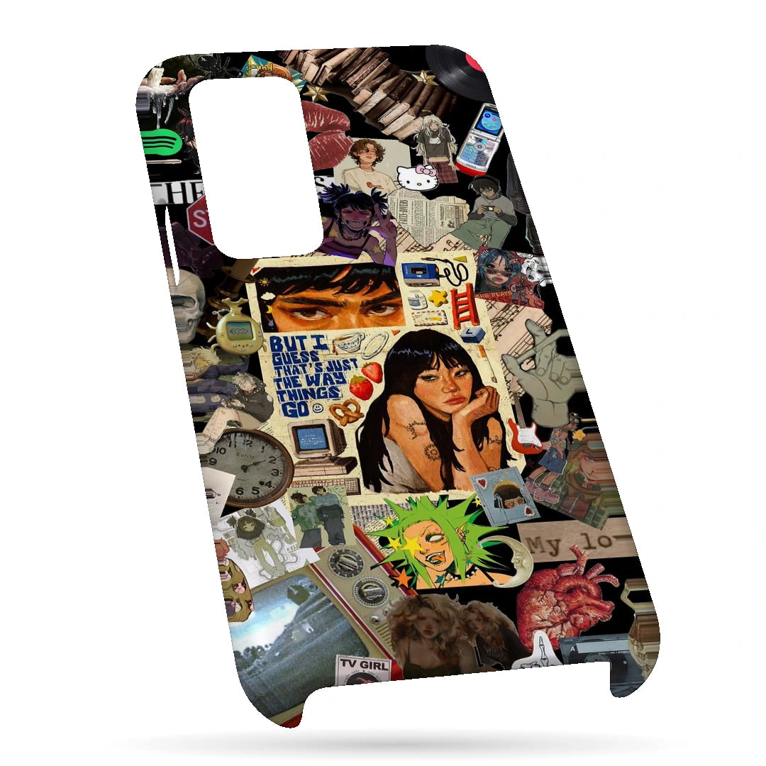 Retro Desi Girl Collage 3D Print OnePlus 8 Pro Phone Case, bottom view; a layered collage of illustrated women, stickers and retro paper textures