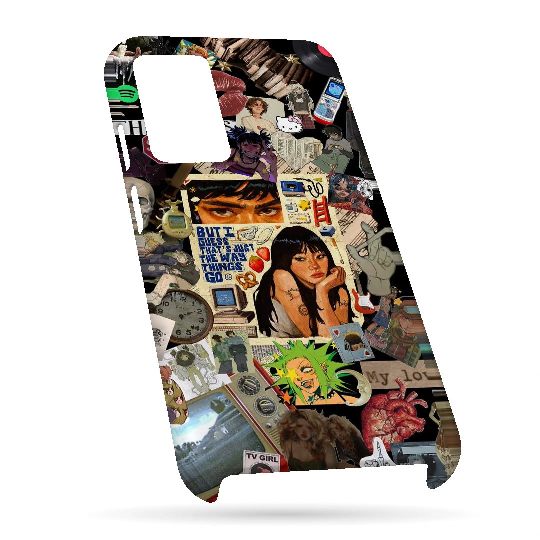 Retro Desi Girl Collage 3D Print OnePlus Nord CE 2 Lite Phone Case, bottom view; a layered collage of illustrated women, stickers and retro paper textures