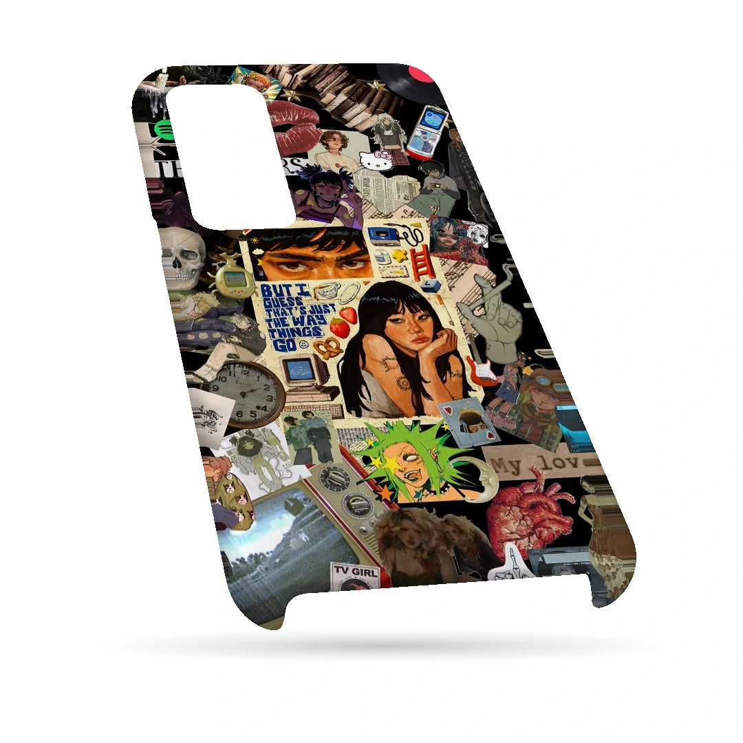 Retro Desi Girl Collage 3D Print Samsung F13 Phone Case, bottom view; a layered collage of illustrated women, stickers and retro paper textures