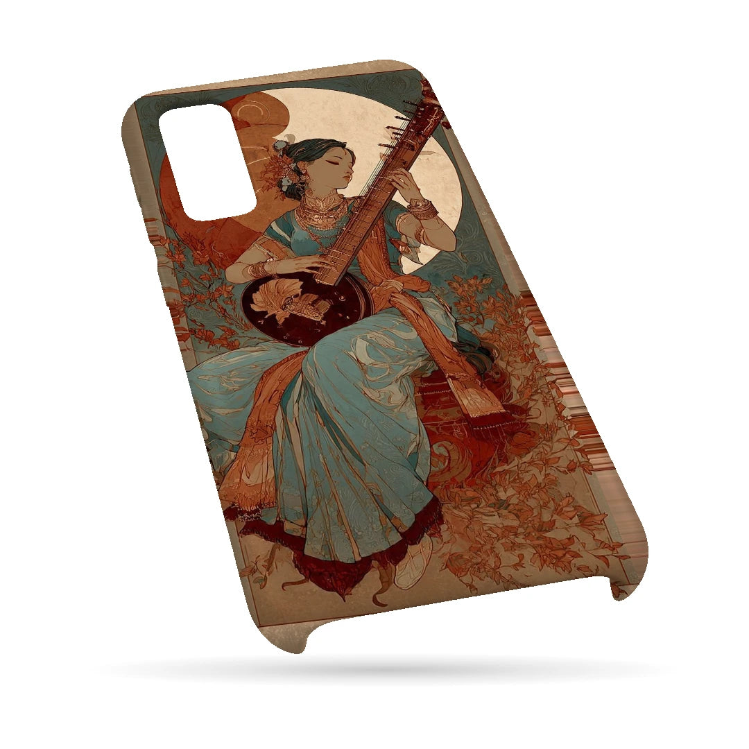 Classical Music Portrait 3D Print Samsung M02 Phone Case, bottom view; a traditionally dressed musician playing a string instrument among vintage floral textures