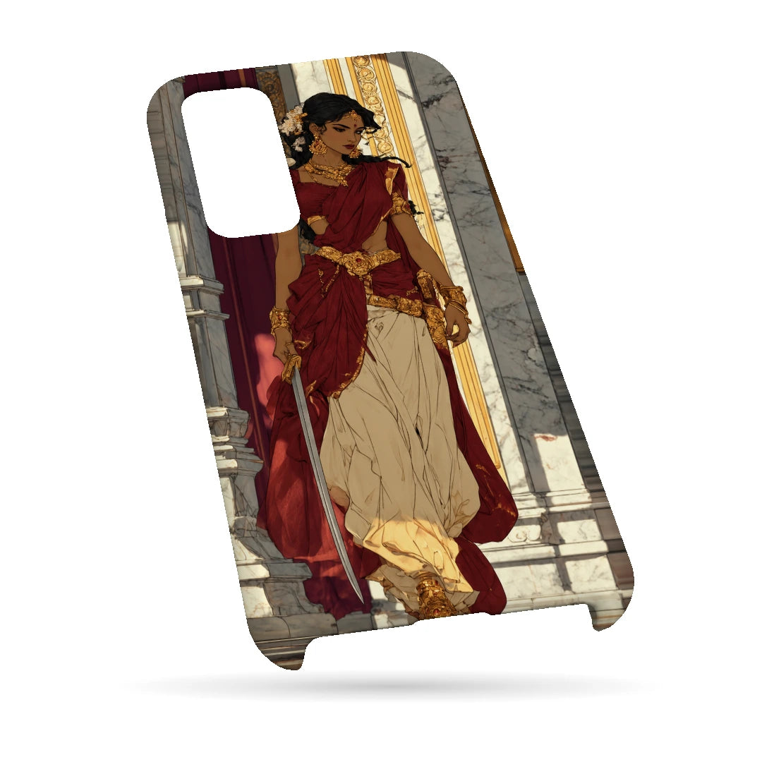 Saree Street Portrait 3D Print Samsung A34 5G Phone Case, bottom view; a woman in a cream and red saree standing beside an urban railing