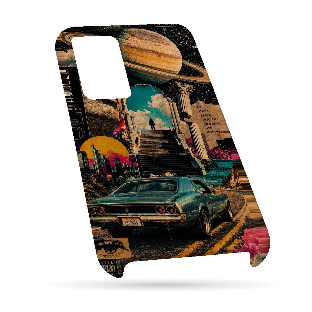 Saturn Retro Drive 3D Print OnePlus Nord 2T Phone Case, bottom view; a retro car and city collage beneath a large ringed planet