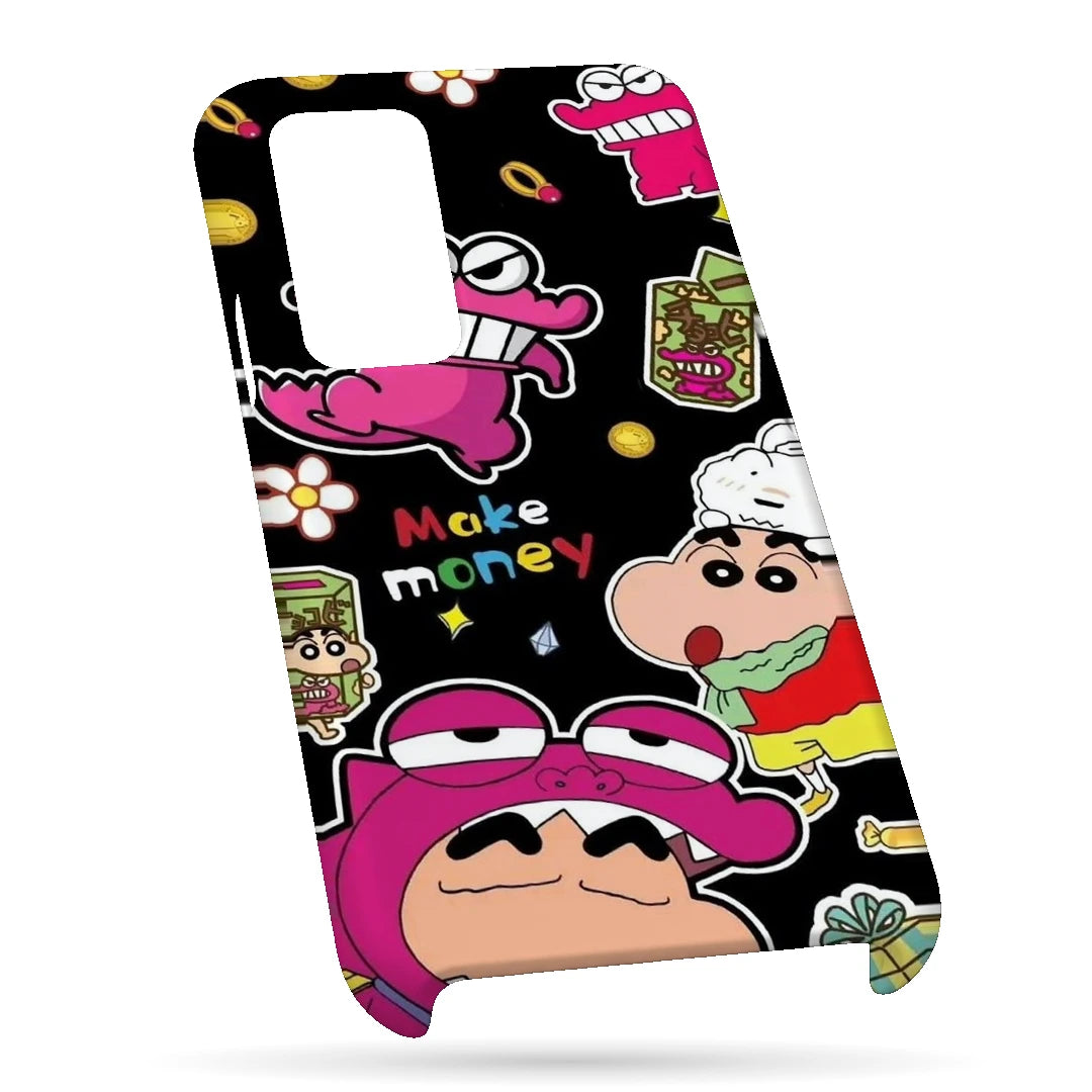 Shin Chan Sticker Pop 3D Print OnePlus 8 Pro Phone Case, bottom view; Shin Chan-style cartoon graphics with bright pink and yellow sticker details