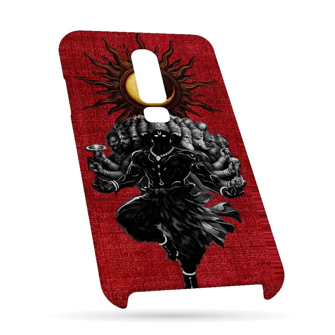 Shiva Cosmic Eclipse 3D Print OnePlus 6 Phone Case, bottom view; a dark Shiva figure below an eclipse on a red background