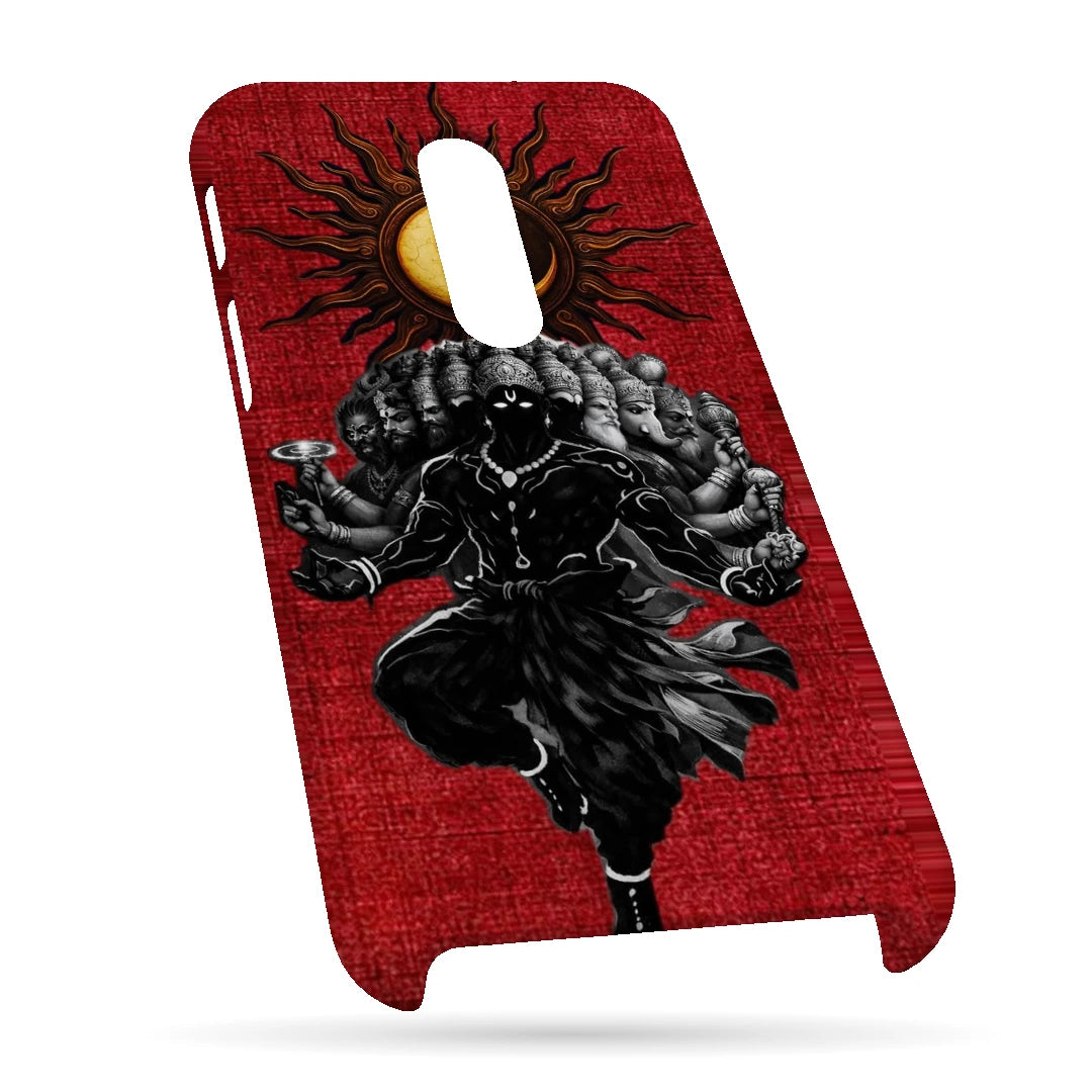 Shiva Cosmic Eclipse 3D Print OnePlus 6T Phone Case, bottom view; a dark Shiva figure below an eclipse on a red background