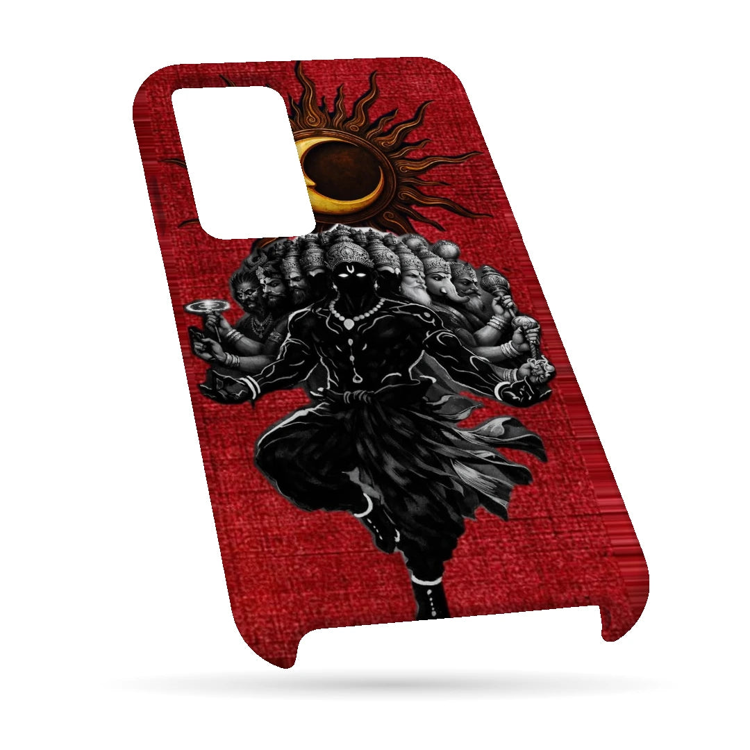 Shiva Cosmic Eclipse 3D Print OnePlus Nord 2T Phone Case, bottom view; a dark Shiva figure below an eclipse on a red background