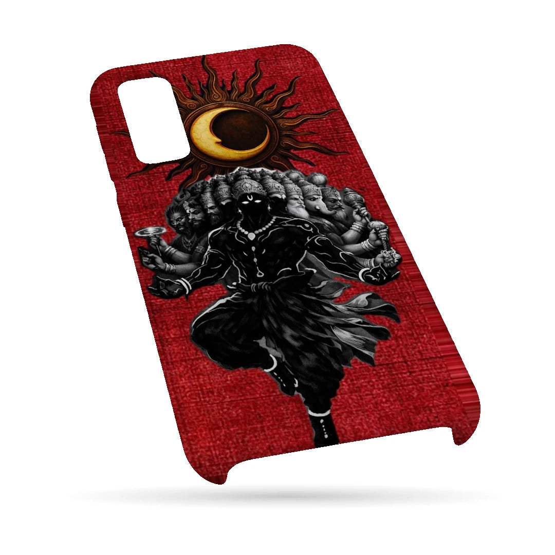 Shiva Cosmic Eclipse 3D Print Samsung M02 Phone Case, bottom view; a dark Shiva figure below an eclipse on a red background