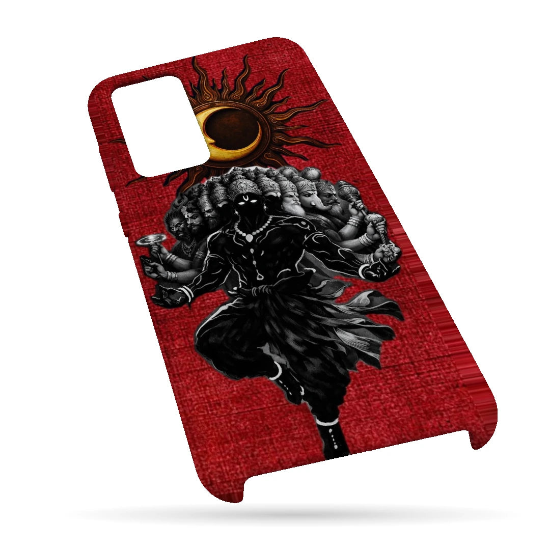 Shiva Cosmic Eclipse 3D Print Samsung Note 20 Phone Case, bottom view; a dark Shiva figure below an eclipse on a red background
