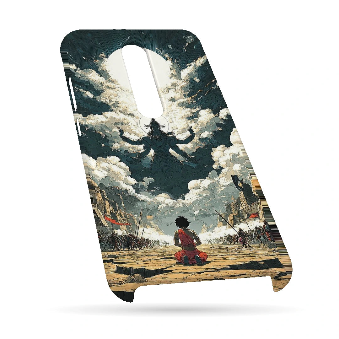 Shiva Meditation Sky 3D Print OnePlus 7T Pro Phone Case, bottom view; a small seated figure facing a monumental Shiva silhouette among clouds