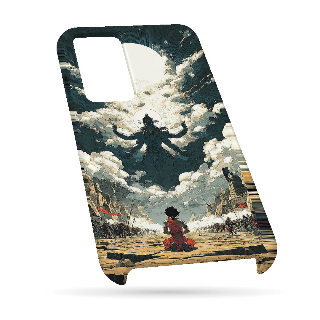 Shiva Meditation Sky 3D Print OnePlus Nord 2T Phone Case, bottom view; a small seated figure facing a monumental Shiva silhouette among clouds