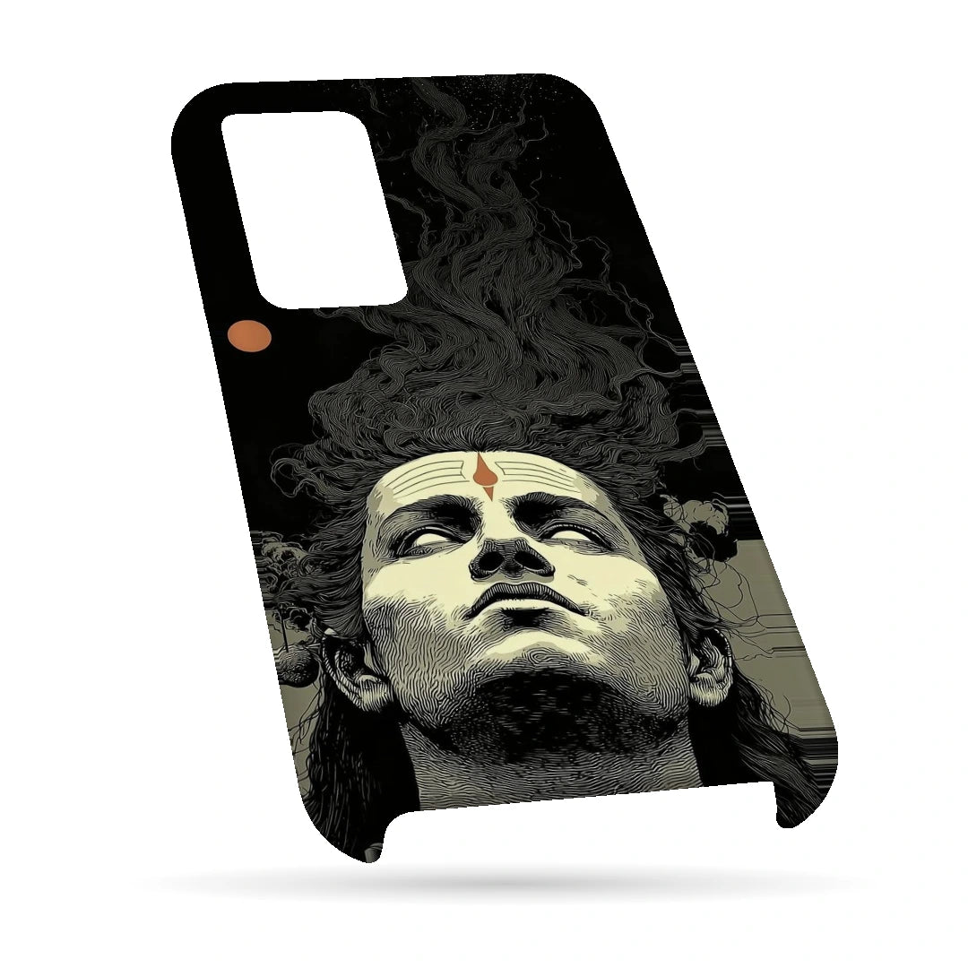 Shiva Portrait 3D Print OnePlus Nord 2T Phone Case, bottom view; a grayscale Shiva portrait below flowing dark hair on a black background