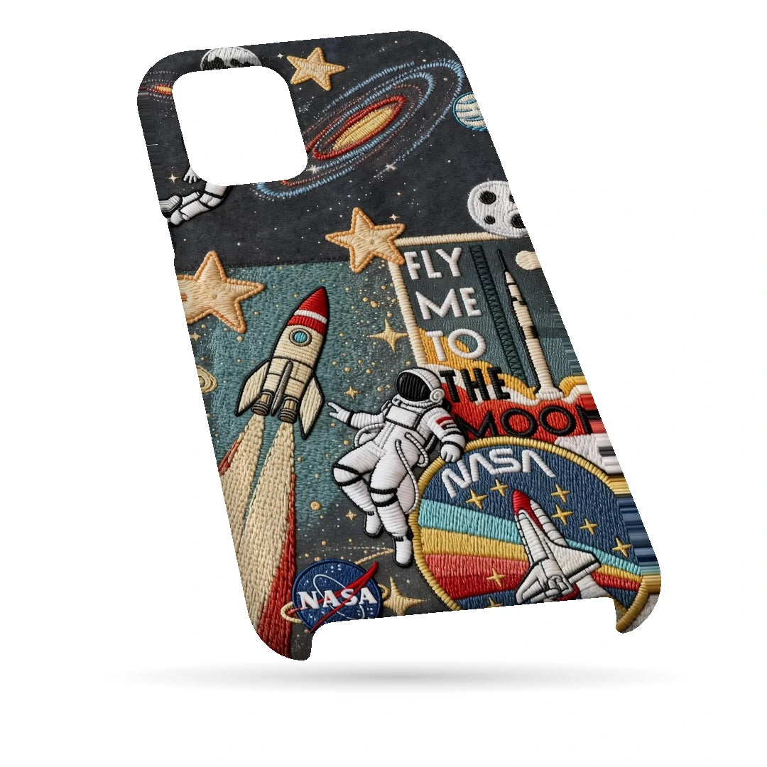 Space Explorer Collage 3D Print iPhone 11 Pro Phone Case, bottom view; rockets, stars, planets and astronaut graphics in a space-travel collage