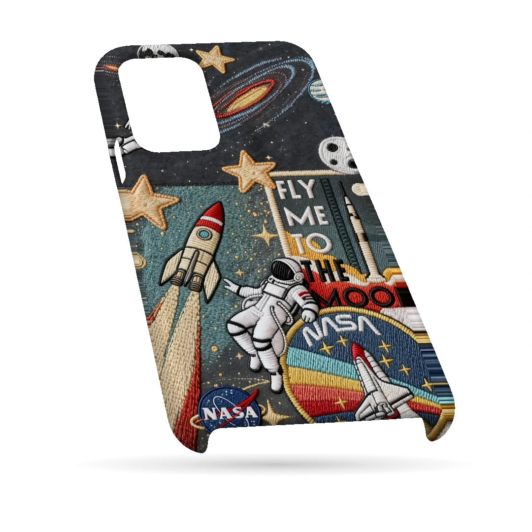 Space Explorer Collage 3D Print iPhone 13 Pro Max Phone Case, bottom view; rockets, stars, planets and astronaut graphics in a space-travel collage