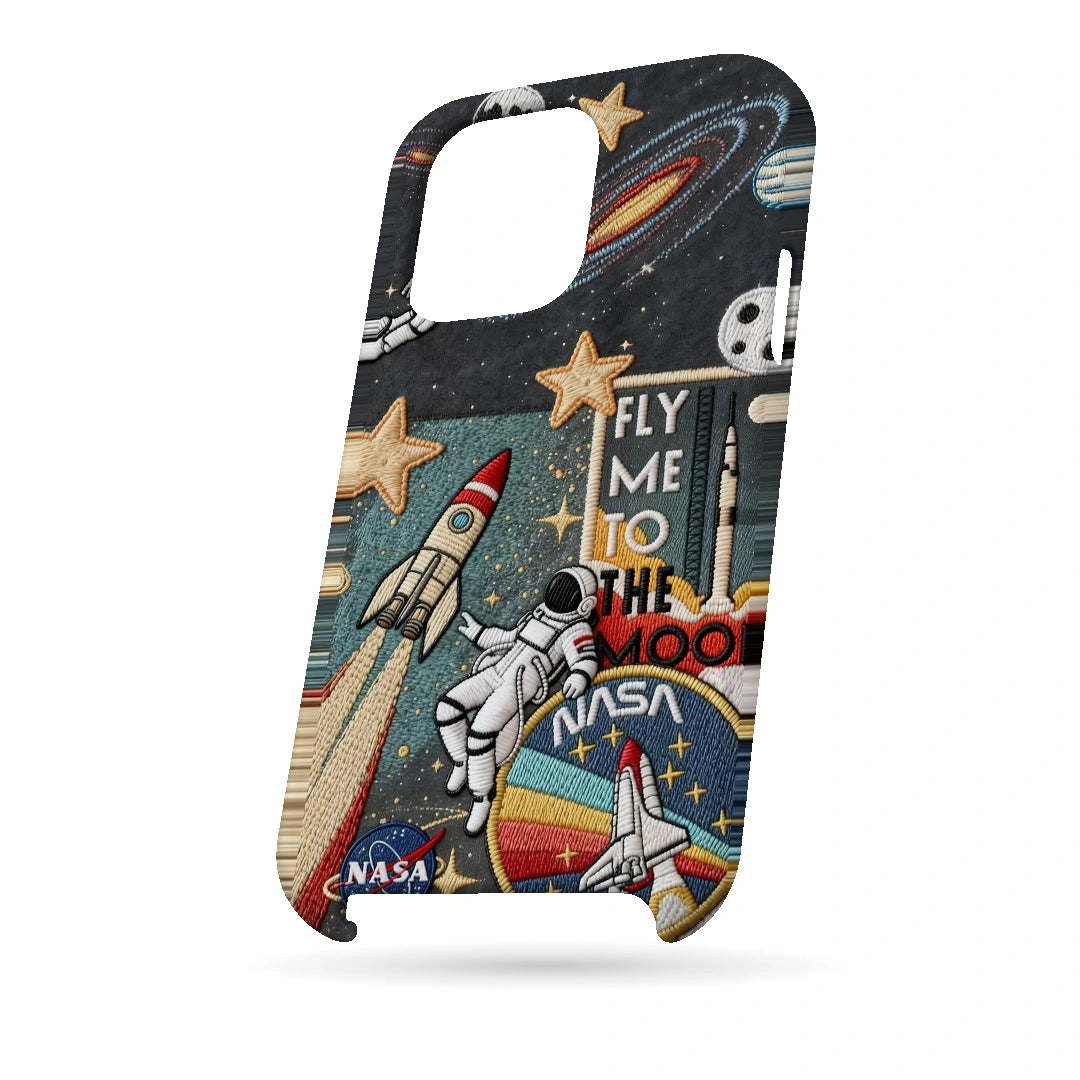 Space Explorer Collage 3D Print iPhone 14 Pro Phone Case, bottom view; rockets, stars, planets and astronaut graphics in a space-travel collage
