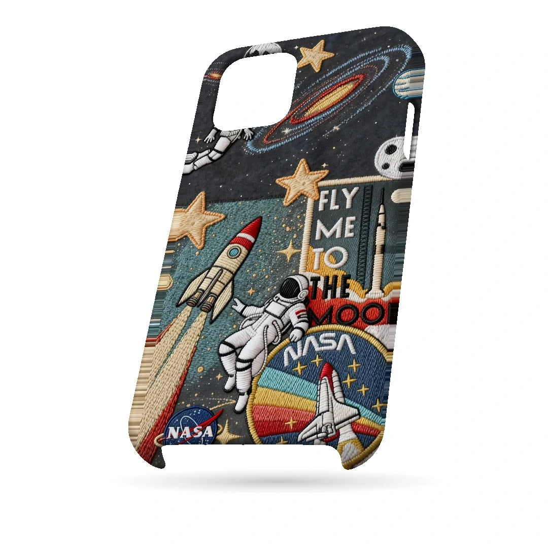 Space Explorer Collage 3D Print iPhone 15 Plus Phone Case, bottom view; rockets, stars, planets and astronaut graphics in a space-travel collage
