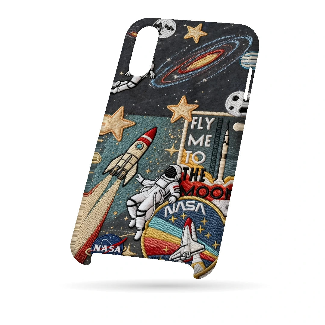 Space Explorer Collage 3D Print iPhone X Phone Case, bottom view; rockets, stars, planets and astronaut graphics in a space-travel collage