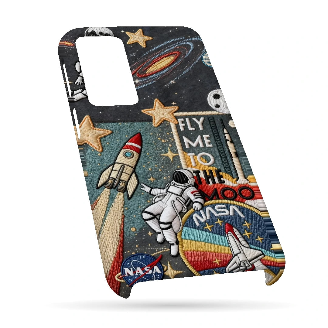 Space Explorer Collage 3D Print OnePlus 10R Phone Case, bottom view; rockets, stars, planets and astronaut graphics in a space-travel collage