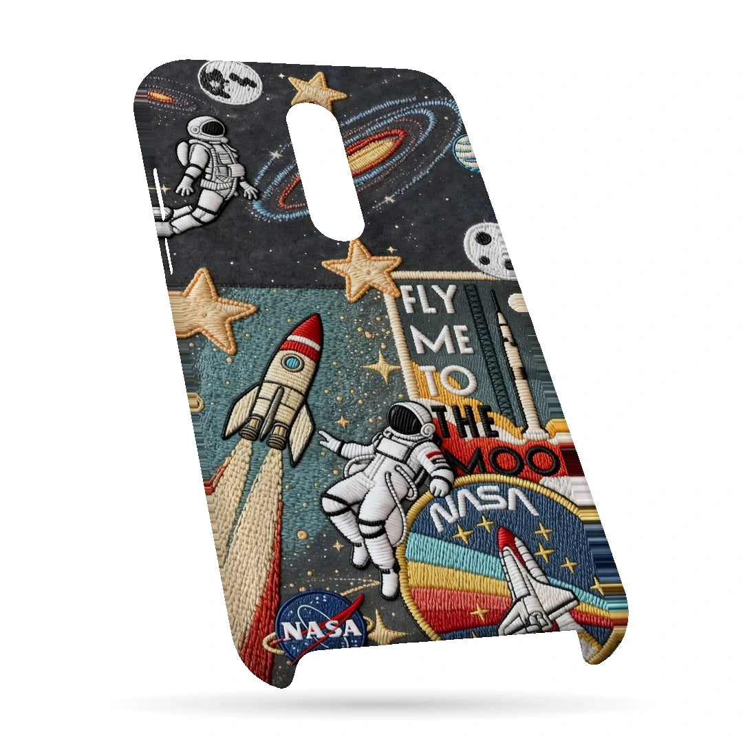 Space Explorer Collage 3D Print OnePlus 7 Phone Case, bottom view; rockets, stars, planets and astronaut graphics in a space-travel collage