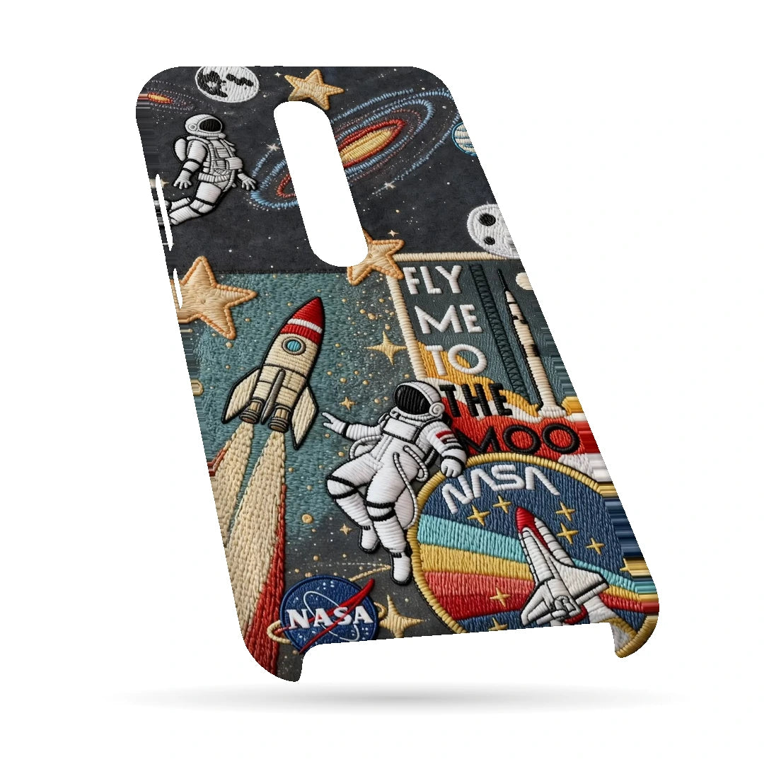 Space Explorer Collage 3D Print OnePlus 7T Pro Phone Case, bottom view; rockets, stars, planets and astronaut graphics in a space-travel collage