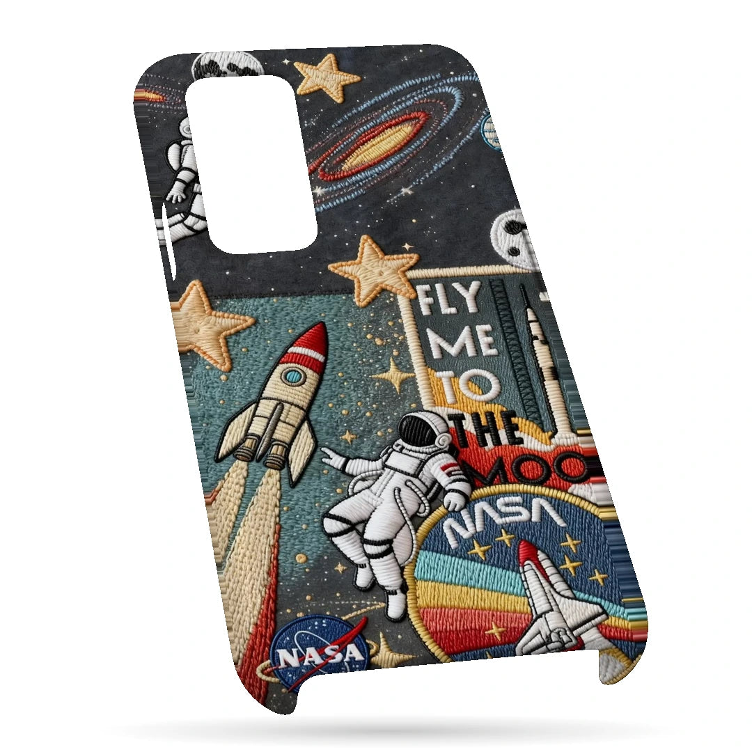 Space Explorer Collage 3D Print OnePlus 8 Pro Phone Case, bottom view; rockets, stars, planets and astronaut graphics in a space-travel collage