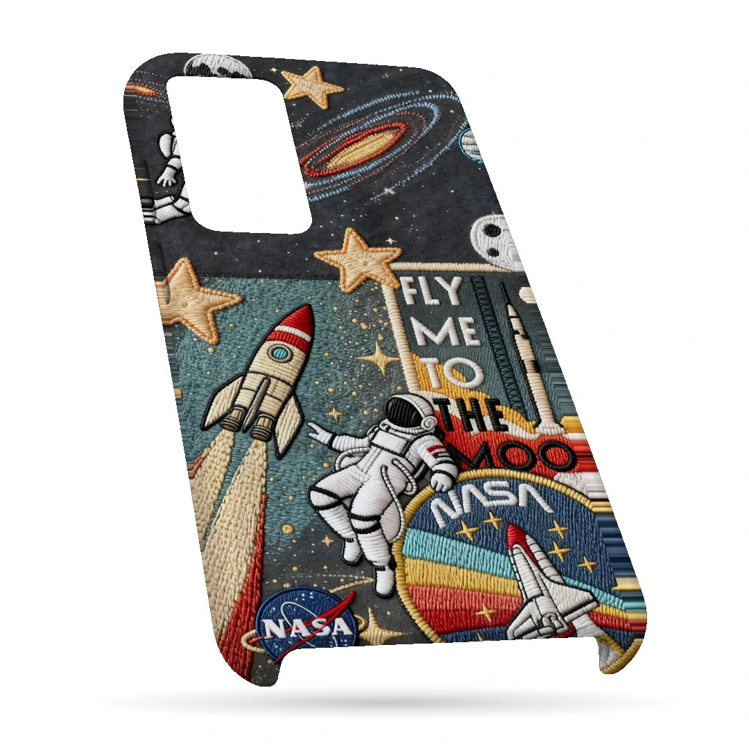 Space Explorer Collage 3D Print OnePlus 8T Phone Case, bottom view; rockets, stars, planets and astronaut graphics in a space-travel collage
