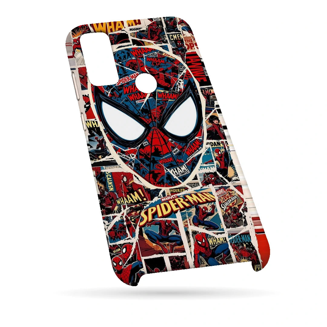 Spider-Man Comic Mask 3D Print Samsung M11 Phone Case, bottom view; a large Spider-Man mask over red, black and white comic panels