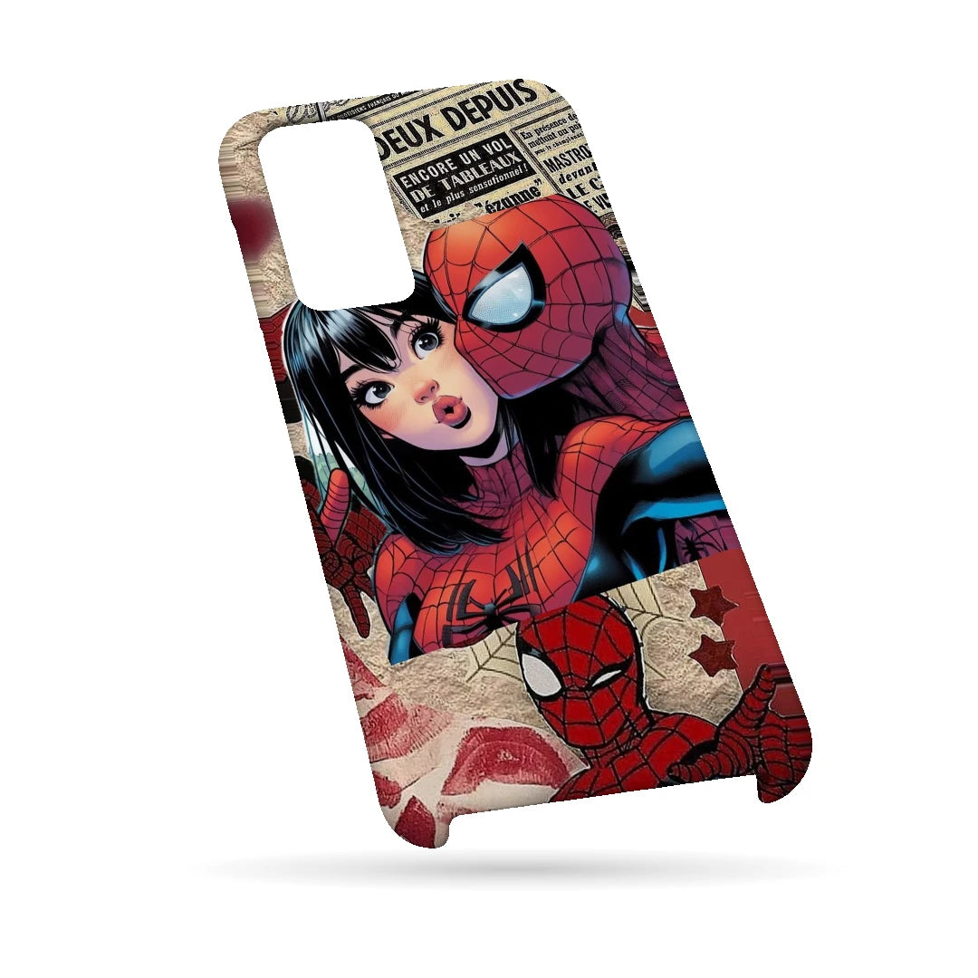 Spider-Man Pop Collage 3D Print Samsung A13 5G Phone Case, bottom view; Spider-Man graphics, an illustrated girl and red collage accents