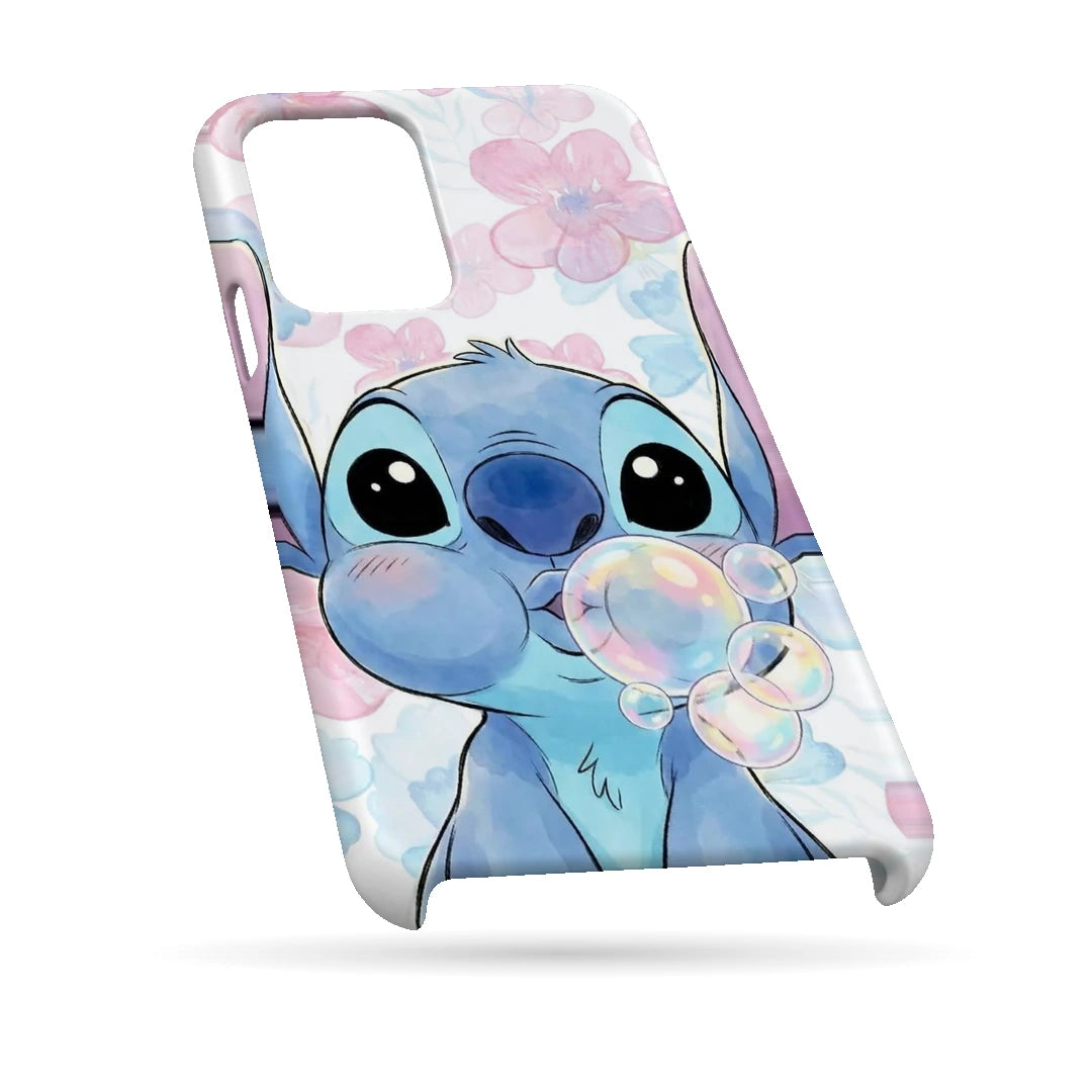 Stitch Blossom Bubbles 3D Print iPhone 13 Pro Max Phone Case, bottom view; a blue Stitch character blowing bubbles among pale pink blossoms