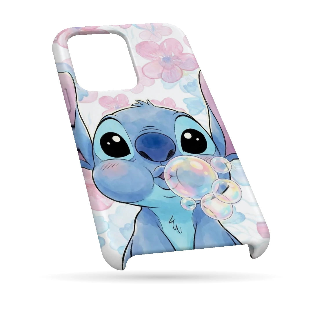 Stitch Blossom Bubbles 3D Print iPhone 13 Pro Phone Case, bottom view; a blue Stitch character blowing bubbles among pale pink blossoms