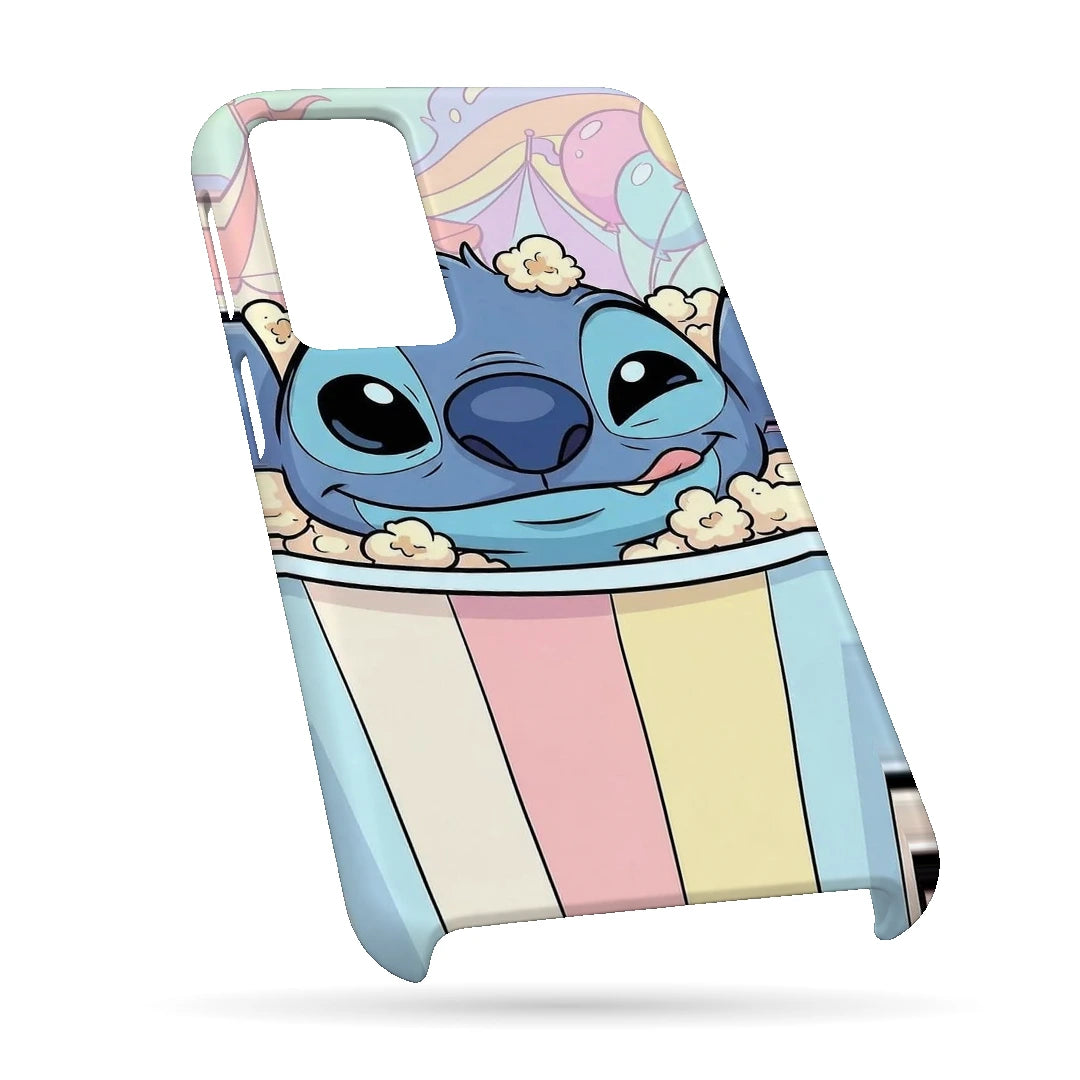 Stitch Popcorn 3D Print OnePlus 10R Phone Case, bottom view; a blue Stitch character peeking out of a pastel-striped popcorn tub