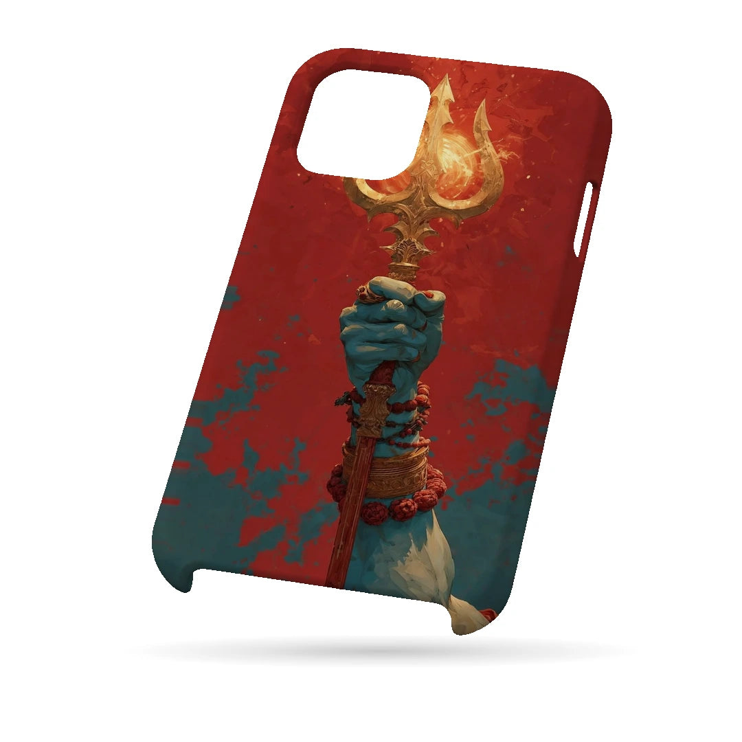 Trishul 3D Print iPhone 15 Phone Case, bottom view; a hand holding a gold trident against a textured red background