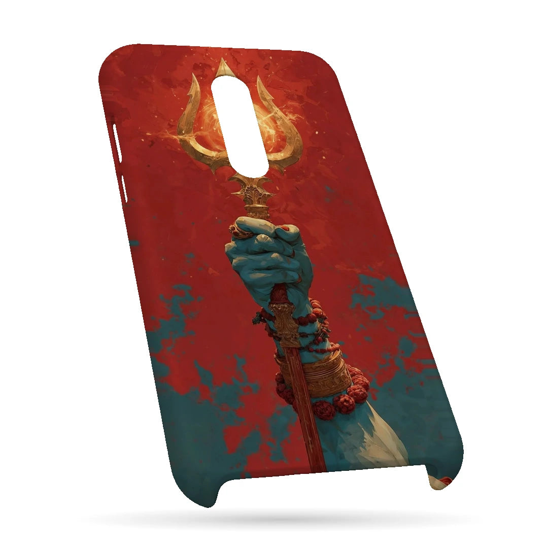 Trishul 3D Print OnePlus 7 Phone Case, bottom view; a hand holding a gold trident against a textured red background