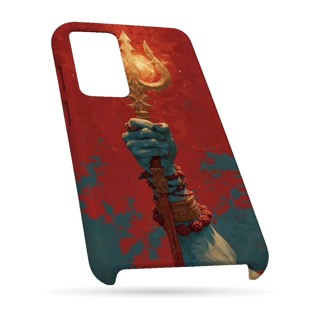 Trishul 3D Print OnePlus 8T Phone Case, bottom view; a hand holding a gold trident against a textured red background