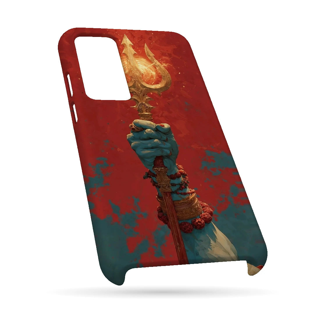 Trishul 3D Print OnePlus 9RT Phone Case, bottom view; a hand holding a gold trident against a textured red background