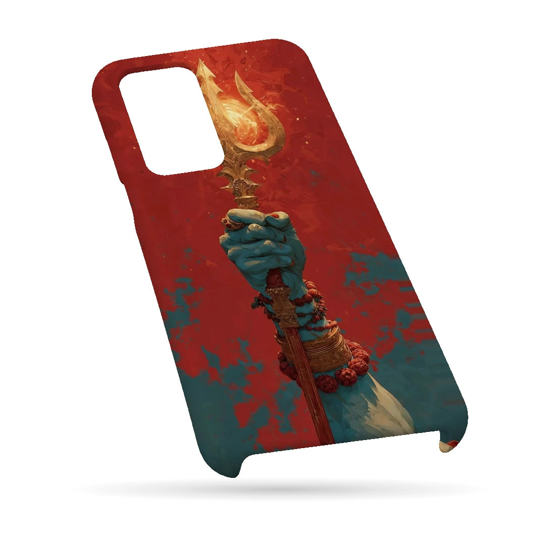 Trishul 3D Print Samsung A13 4G Phone Case, bottom view; a hand holding a gold trident against a textured red background