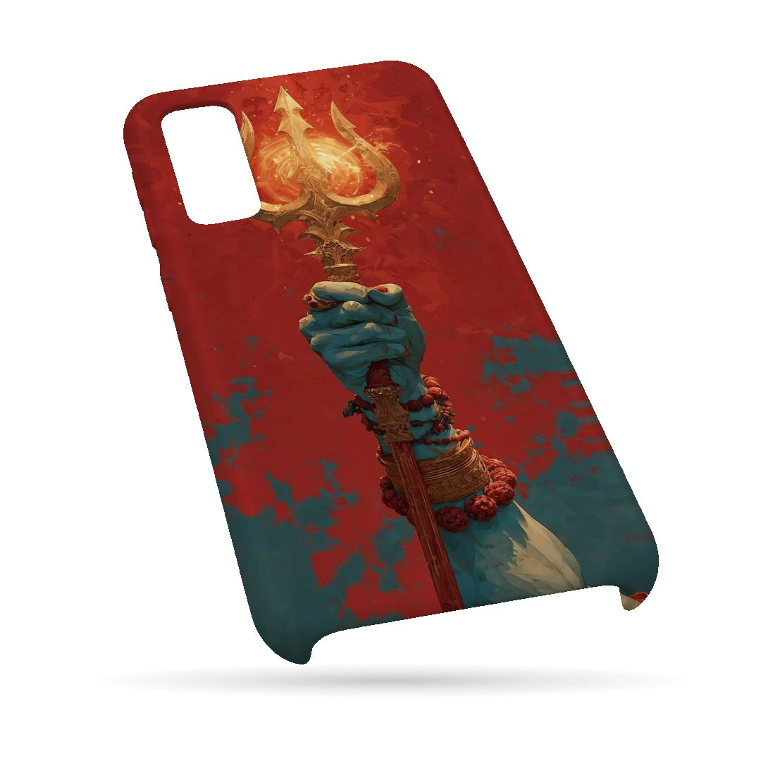 Trishul 3D Print Samsung M02 Phone Case, bottom view; a hand holding a gold trident against a textured red background