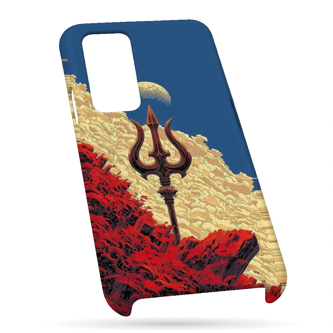 Trishul Mountain Sky 3D Print OnePlus 8 Pro Phone Case, bottom view; a trident rising above red rocky forms beneath a blue celestial sky