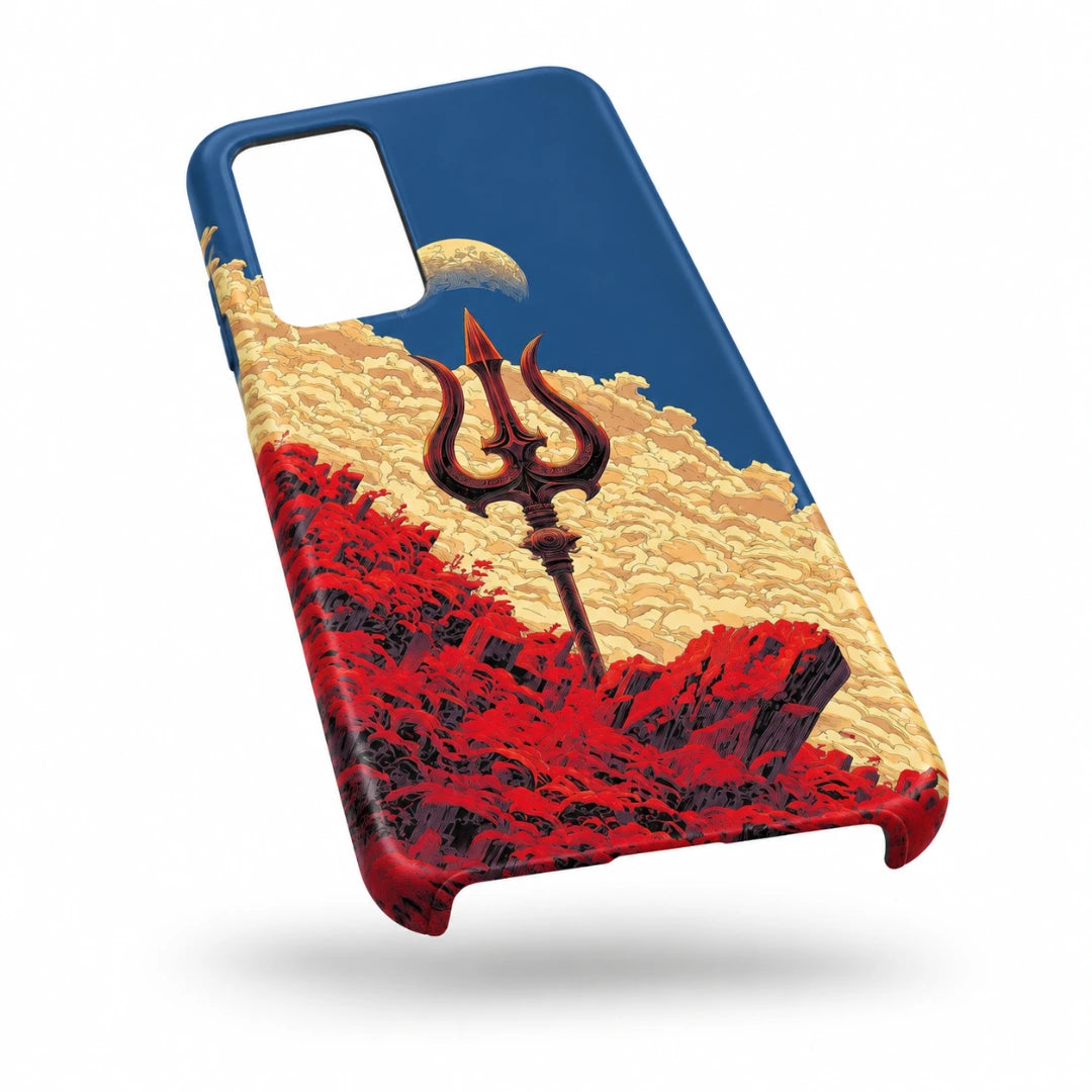 Trishul Mountain Sky 3D Print Samsung A32 4G Phone Case, bottom view; a trident rising above red rocky forms beneath a blue celestial sky