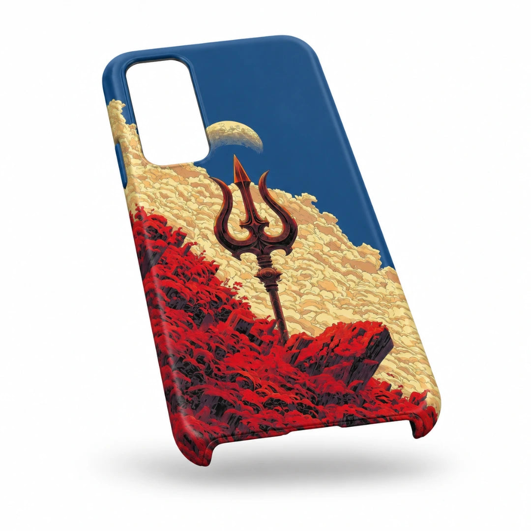 Trishul Mountain Sky 3D Print Samsung A34 5G Phone Case, bottom view; a trident rising above red rocky forms beneath a blue celestial sky
