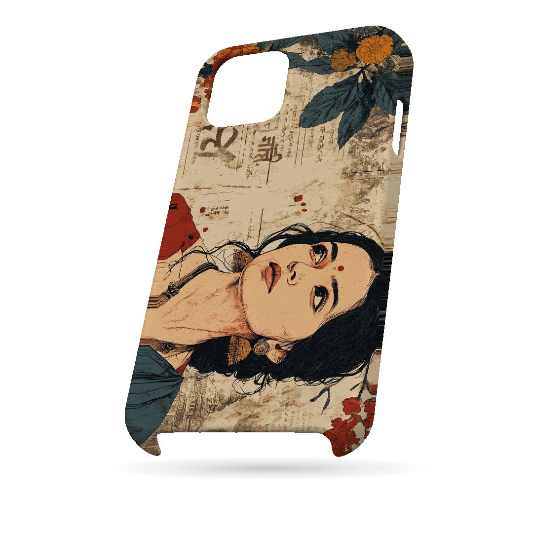 Vintage Floral Portrait 3D Print iPhone 15 Plus Phone Case, bottom view; an illustrated woman surrounded by cream paper textures and orange flowers