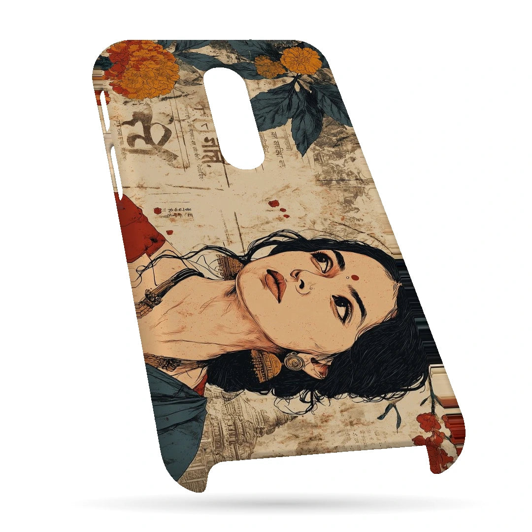 Vintage Floral Portrait 3D Print OnePlus 6T Phone Case, bottom view; an illustrated woman surrounded by cream paper textures and orange flowers
