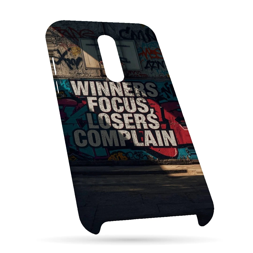 Winners Focus Quote 3D Print OnePlus 7 Phone Case, bottom view; bold Winners Focus Losers Complain lettering over dark graffiti-style artwork
